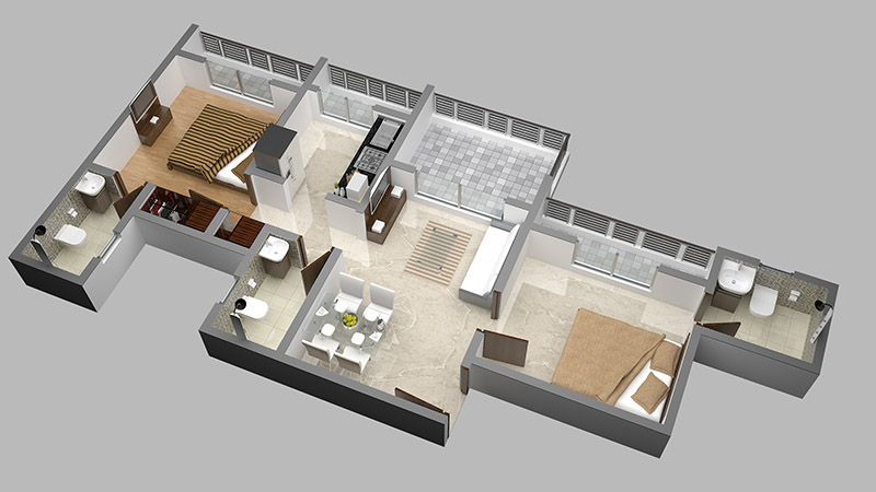 Mayfair Vishwaraja 2BHK Floor Plan 3D