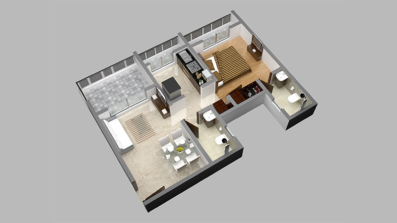 Mayfair Vishwaraja 1BHK Floor Plan 3D