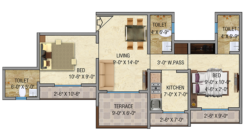Mayfair Vishwaraja 2BHK Floor Plan